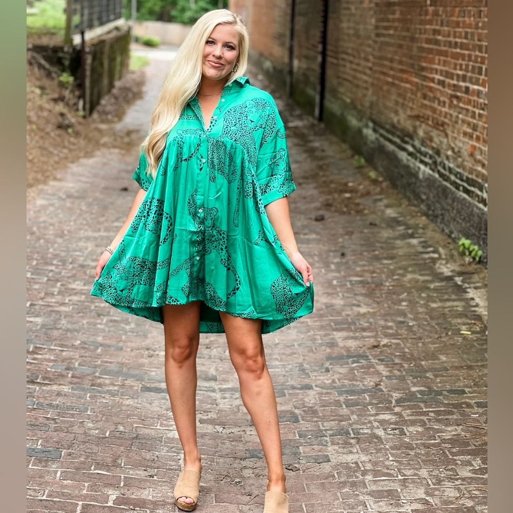 Entro Cheetah Satin Button-Up Dress